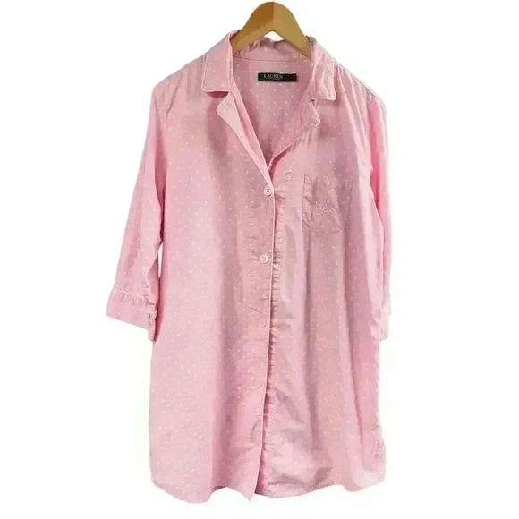 Lauren by Ralph Lauren Cotton Pink with White Polkadot Sleep Button Down Shirt L - Picture 4 of 10
